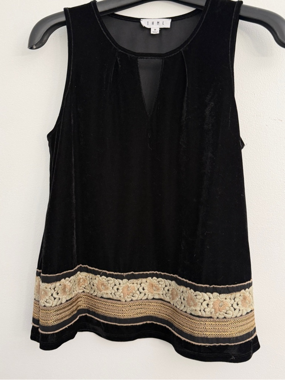 THML Black Velvet Sleeveless Top with Embroidered Hem Sz M